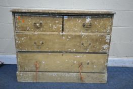 A VICTORIAN PINE CHEST OF TWO SHORT OVER TWO LONG DRAWERS, length 106cm x depth 52cm x height
