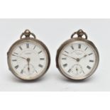 TWO SILVER 'THE EXPRESS ENGLISH LEVER' OPEN FACE POCKET WATCHES, both key wound, white dials each