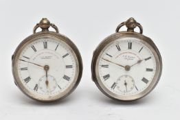 TWO SILVER 'THE EXPRESS ENGLISH LEVER' OPEN FACE POCKET WATCHES, both key wound, white dials each