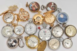 A BOX OF NOVELTY POCKET WATCHES AND STOP WATCHES, names to include 'Jean Marcel, Mount Royal,