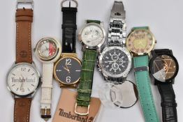 A BOX OF ASSORTED WRISTWATCHES, seven wrist watches, names to include Timberland, Orlando, Timex and