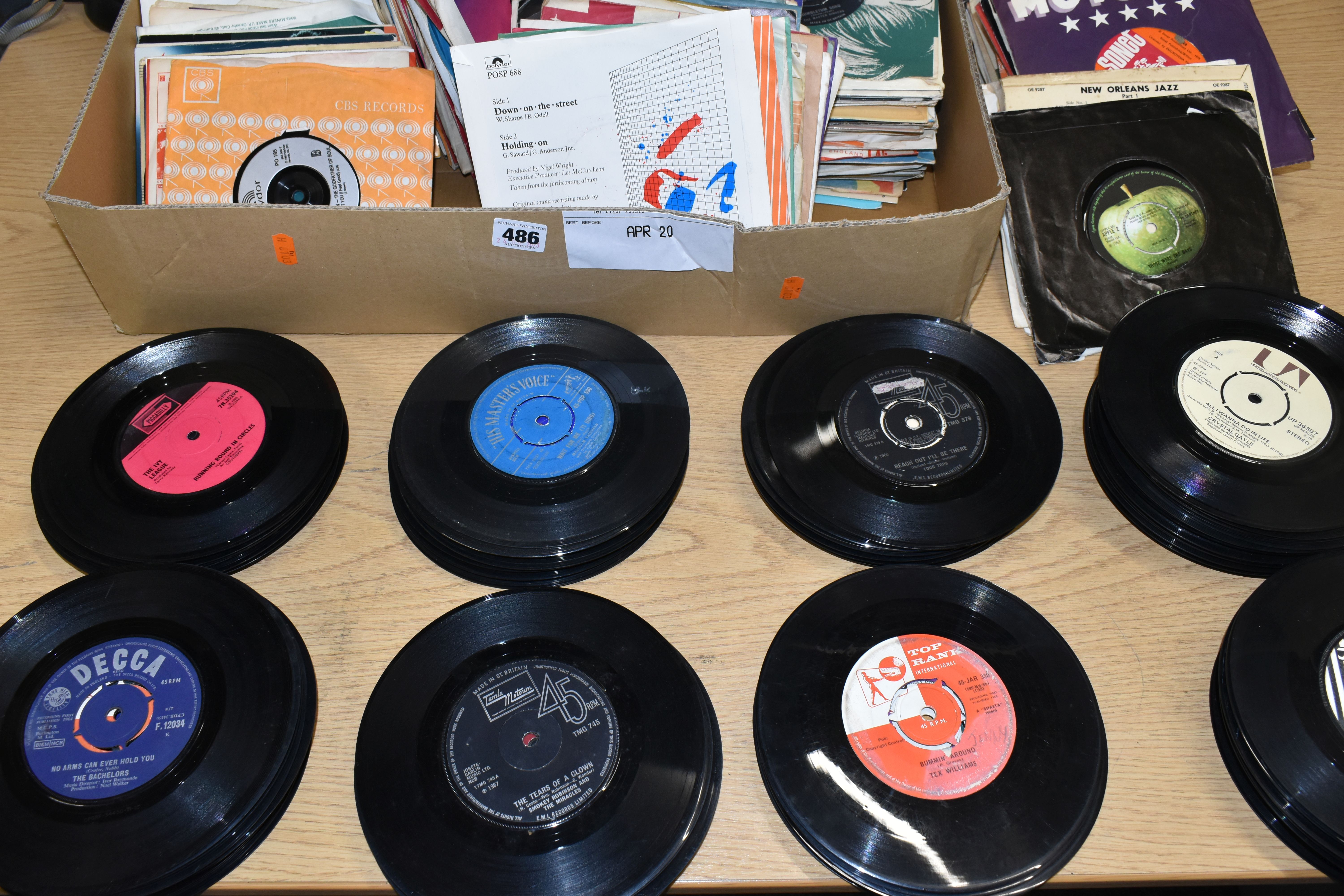 ONE BOX OF SINGLE 45RPM RECORDS, over two hundred single 45rpm records, a collection spanning from