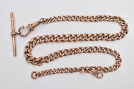 AN EARLY 20TH CENTURY GOLD ALBERT CHAIN, an AF rose gold graduated curb link chain, fitted with a