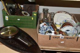 TWO BOXES OF CERAMICS AND SUNDRIES, to include a Bols liqueurs ashtray, a Wedgwood 'Edme' cake