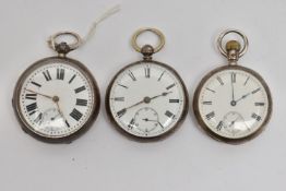 THREE SILVER OPEN FACE POCKET WATCHES, one manual wind, hallmarked 'Waltham Watch Co' Chester