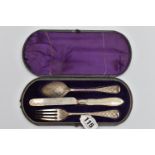 A VICTORIA I SILVER CHRISTENING SET, a silver knife fork and spoon, decorated with bright cut