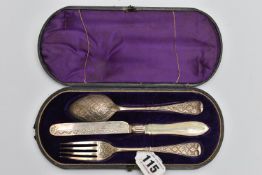A VICTORIA I SILVER CHRISTENING SET, a silver knife fork and spoon, decorated with bright cut