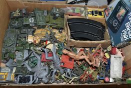 A BOX OF VINTAGE TOYS ETC, to include a quantity of playworn Dinky Toys military vehicles,