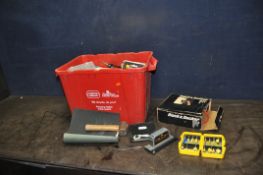 A PLASTIC BOX CONTAINING TOOLS AND HARDWARE including a vintage Black and Decker jigsaw (
