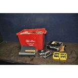 A PLASTIC BOX CONTAINING TOOLS AND HARDWARE including a vintage Black and Decker jigsaw (