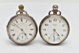 TWO SILVER OPEN FACE POCKET WATCHES, the first a manual wind 'Waltham U.S.A', watch, round white