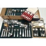A BOX OF ASSORTED FLATWARE, to include a cased set of six teaspoons, a cased set of six teaspoons