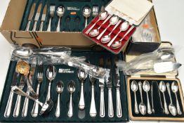 A BOX OF ASSORTED FLATWARE, to include a cased set of six teaspoons, a cased set of six teaspoons