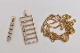 TWO DIAMOND PENDANTS AND A 9CT GOLD CHAIN, the first an abacus style pendant, set with five