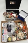 A BOX OF ASSORTED COSTUME JEWELLERY AND A STORAGE BOX, to include various loose pieces of costume