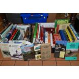 THREE BOXES OF ASSORTED BOOKS, to include over sixty hardback books, topics include golf, steam
