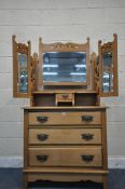AN ART NOUVEAU STYLE SATINWOOD DRESSING CHEST, with triple mirror and single small drawer, above