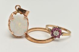 TWO 9CT GOLD RINGS AND A YELLOW METAL OPAL PENDANT, the first a plain polished band ring,
