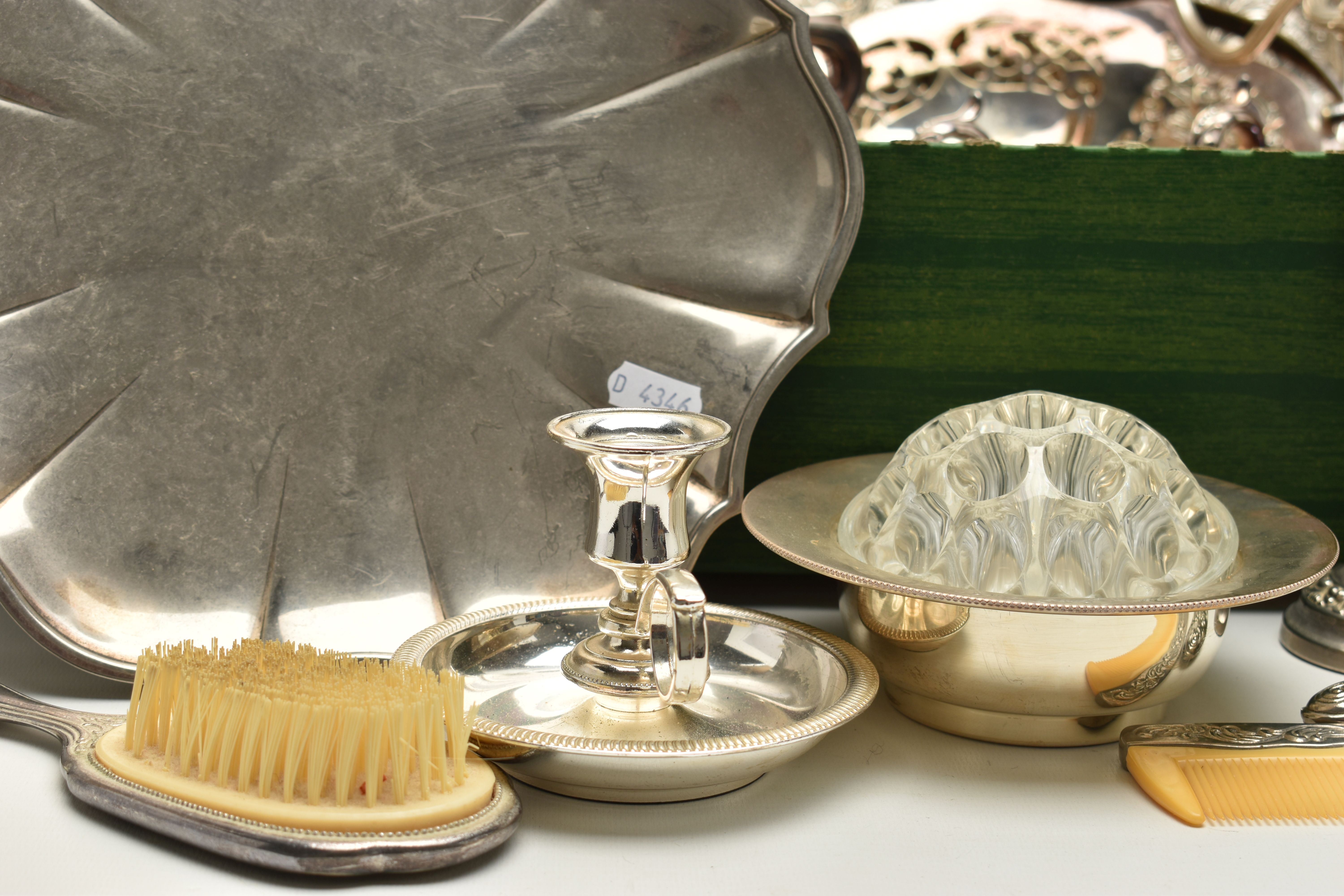 A BOX OF MAINLY SILVER PLATED WARE, to include a pair of chambersticks, a dressing table set, a - Image 2 of 5