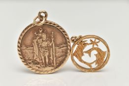 A 9CT GOLD ST CHRISTOPHER PENDANT AND ZODIAC CHARM, yellow gold circular disk pendant with