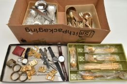 A BOX OF ASSORTED ITEMS, to include three wristwatches, four napkin rings, a 'Royal life saving