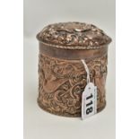 A VICTORIA I EMBOSSED SILVER POT, a cylindrical pot embossed with birds and a floral and foliage