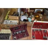 THREE BOXES AND LOOSE SUNDRY ITEMS ETC, to include a Singer 99K sewing machine in hard case,