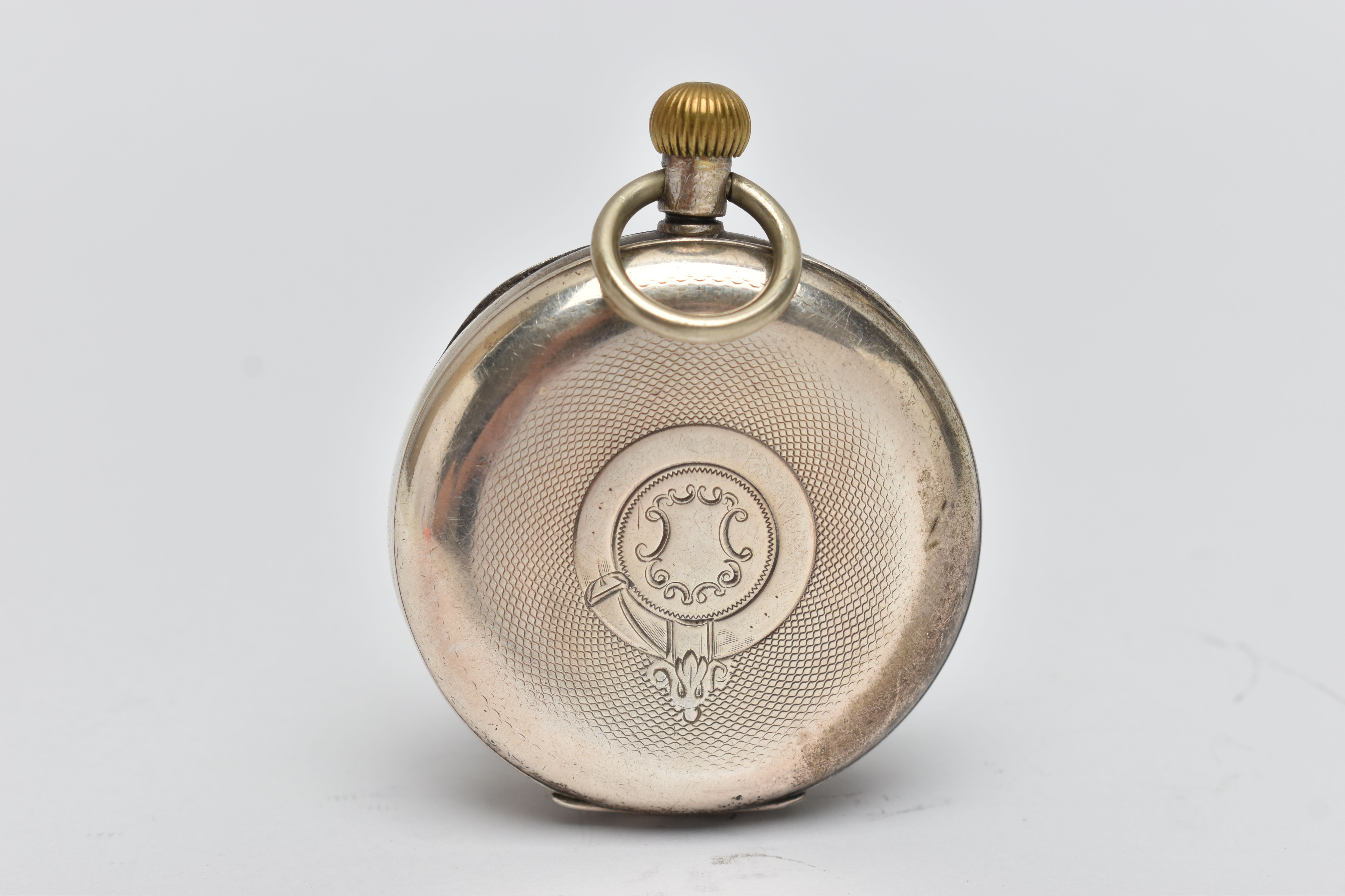 AN OPEN FACE POCKET WATCH, manual wind, round white dial, Roman numerals, subsidiary seconds dial at - Image 2 of 5