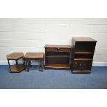 A SELECTION OF MAHOGANY FURNITURE, to include an open bookcase, with two drawers, a hifi cabinet