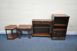 A SELECTION OF MAHOGANY FURNITURE, to include an open bookcase, with two drawers, a hifi cabinet