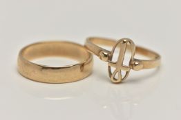 TWO 9CT GOLD RINGS, the first a polished band ring, approximate band width 4.3mm, hallmarked 9ct