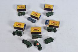 SIX BOXED AND THREE LOOSE MATCHBOX SERIES DIE-CAST MILITARY VEHICLES, the first is a Moko Lesney