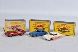 THREE MATCHBOX SERIES MODEL VEHICLES, to include a 'E' Type Jaguar no.32, in metallic red, wear to
