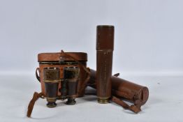 A WWII 1940 TELESCOPE AND A PAIR OF BINOCULARS, the telescope is brass with leather cover and
