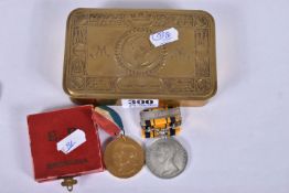 A WWI PRINCESS MARY TIN AND TWO MEDALS, the tin is in good condition and without any splits, the