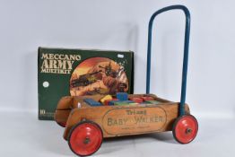 A TRI-ANG BABY WALKER, wooden construction with red painted wheels and black tyres, blue handle with