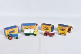 FOUR BOXED LESNEY MATCHBOX DIE-CAST VEHICLES, to include a B.P. Tanker, number 25, white tank,