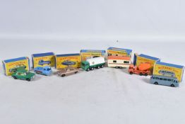 SEVEN BOXED MATCHBOX DIE-CAST MODELS, the first is a Long Distance Coach no.40 in metallic blue,