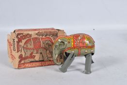 A BOXED MOKO JUMBO THE WALKING ELEPHANT WIND UP TIN PLATE TOY, grey body with a decorative faded red