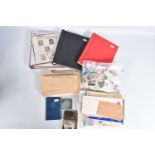 SMALL BOX OF STAMPS IN THREE ALBUMS AND LOOSE IN PACKETS INCLUDING SOME MINT GB DECIMAL