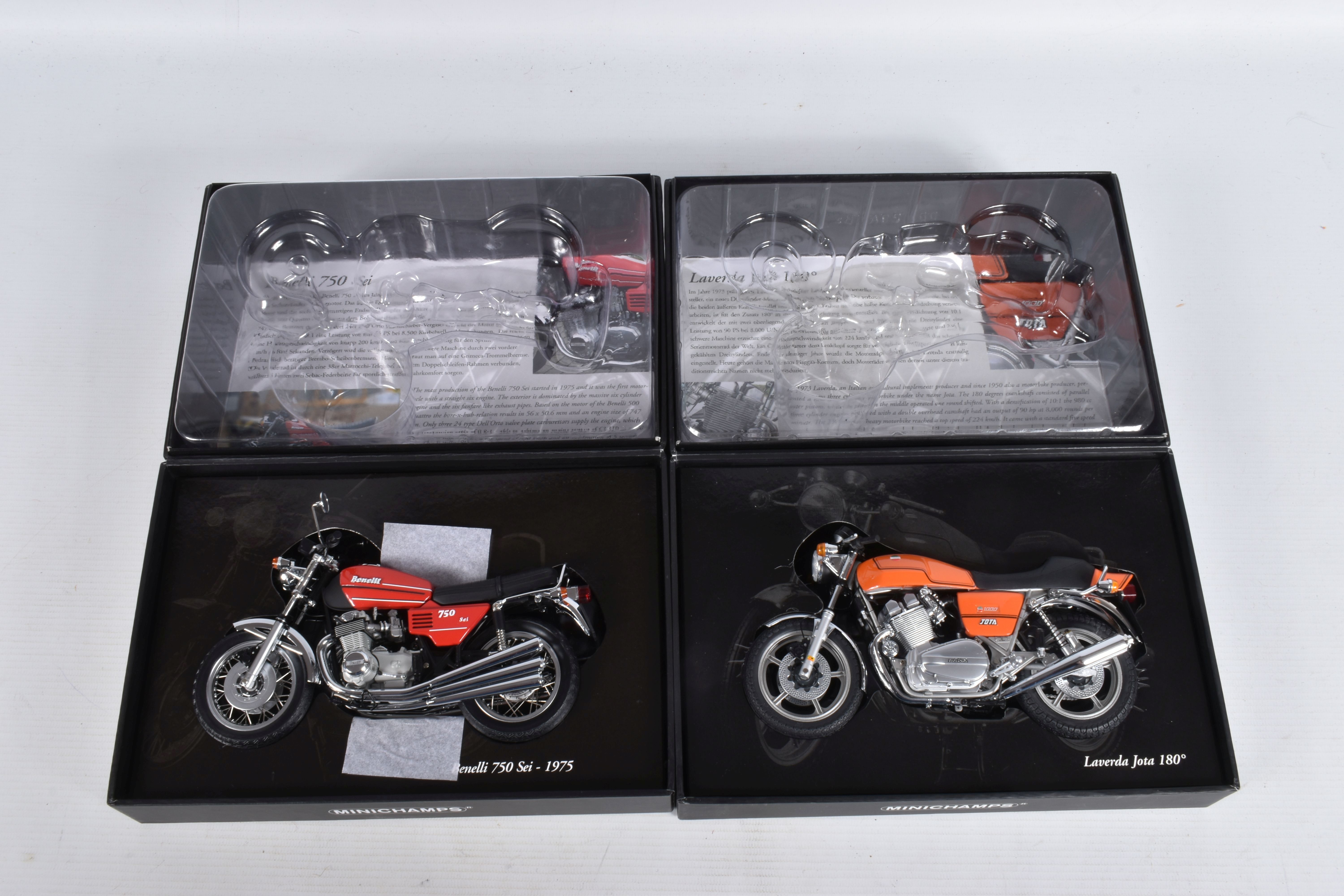 TWO BOXED MINICHAMPS PAULS MODEL ART CLASSIC BIKE SERIES 1:12 MODEL MOTORBIKES, a Laverda Jota 180