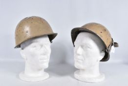TWO IRAQ ARMY M80 HELMETS, both of them are green but have been painted sand colour to match the