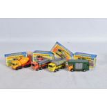 FOUR BOXED MATCHBOX SUPERFAST DIE-CAST MODEL HEAVY VEHICLES, to include a PipeTruck no.10, orange