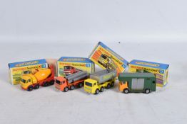 FOUR BOXED MATCHBOX SUPERFAST DIE-CAST MODEL HEAVY VEHICLES, to include a PipeTruck no.10, orange