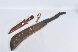THREE VARIOUS KNIVES, to include a Machete, hunting knife and a trench art knife, the hunting