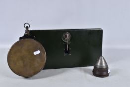 THREE MILITARY ITEMS, to include a bomb fuse, stamped to the top STA 1-16 FG, water carrier and