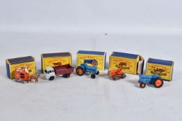 FIVE MATCHBOX SERIES DIE-CAST MODELS, the first is a Bedford Tipper Truck no.3, in Maroon and grey