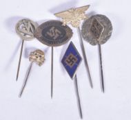 SIX VARIOUS NAZI GERMANY STICK PINS, these include one with D&B inside a triangle, a gold Swastika