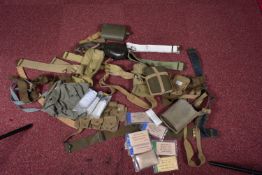 A SELECTION OF MILITARY RELATED KIT, to include a set of 37 pattern webbing, three water bottles