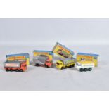 FOUR BOXED MATCHBOX SERIES DIE-CAST MODEL VEHICLES, the first is a Ford Refuse Truck no.7, red